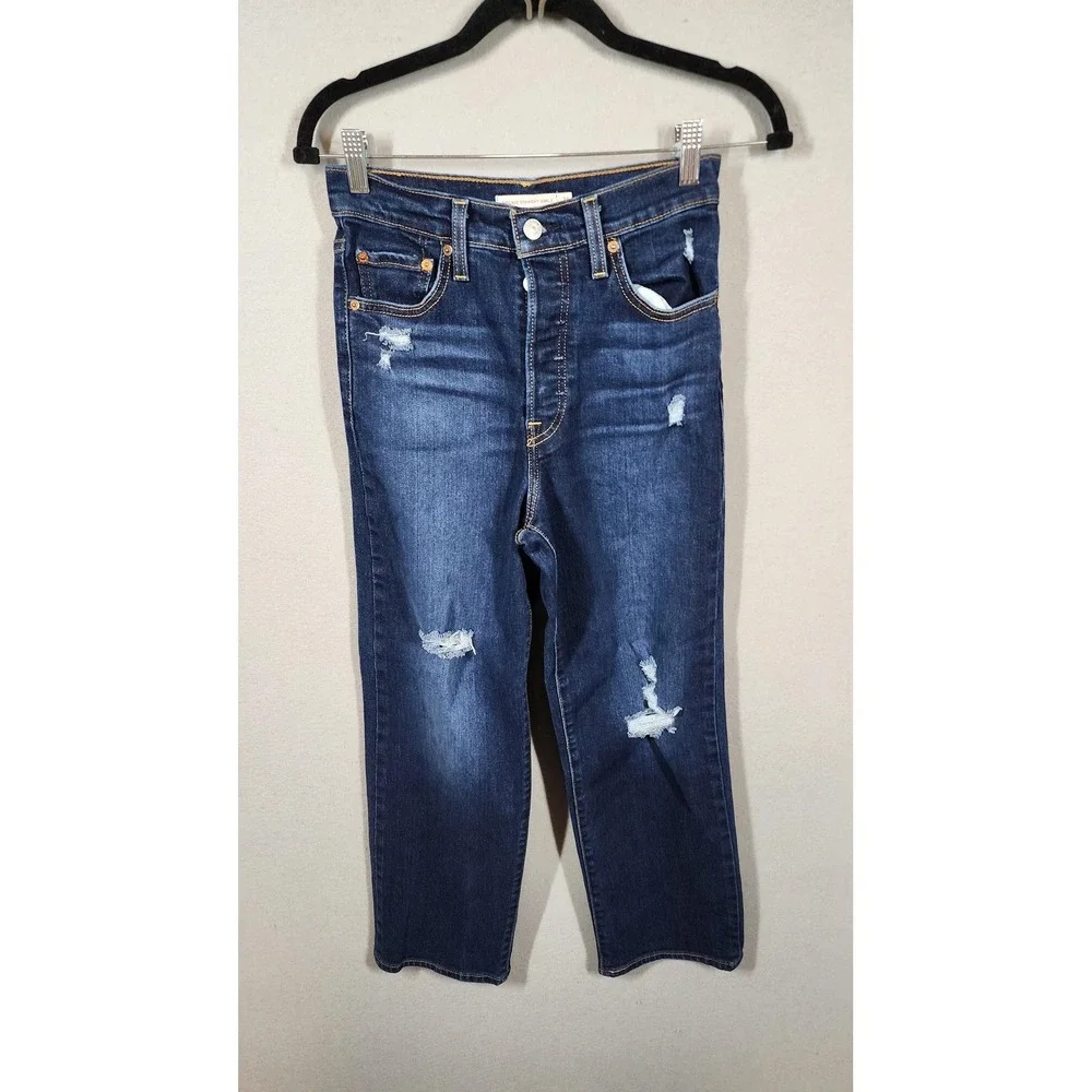 Levis Ribcage Straight Ankle Jeans Womens 25 Distress High Rise Denim Button Fly